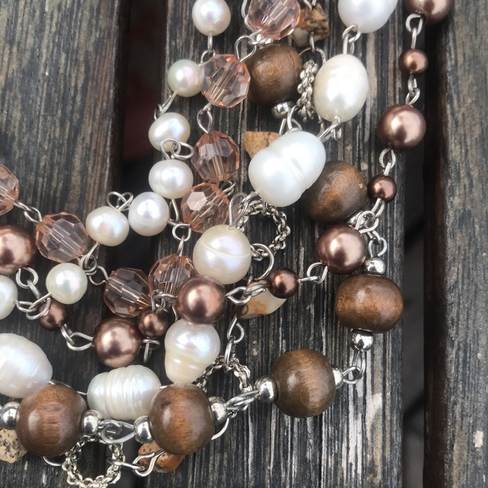 Pearls, Pale Pink and Wood beads necklace